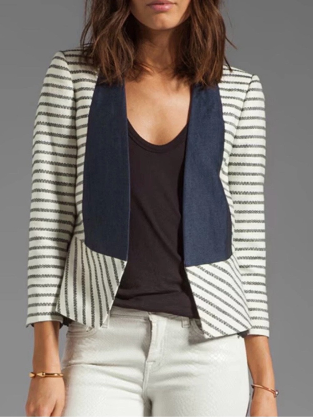 By Malene Birger Etioloa Navy Ivory Stripe Tweed Open Blazer Jacket Sz 42 / 12